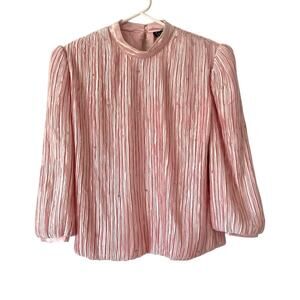 Vintage Pierre Labiche Paris New York Pink Crinkle Pleated Rhinestone Blouse